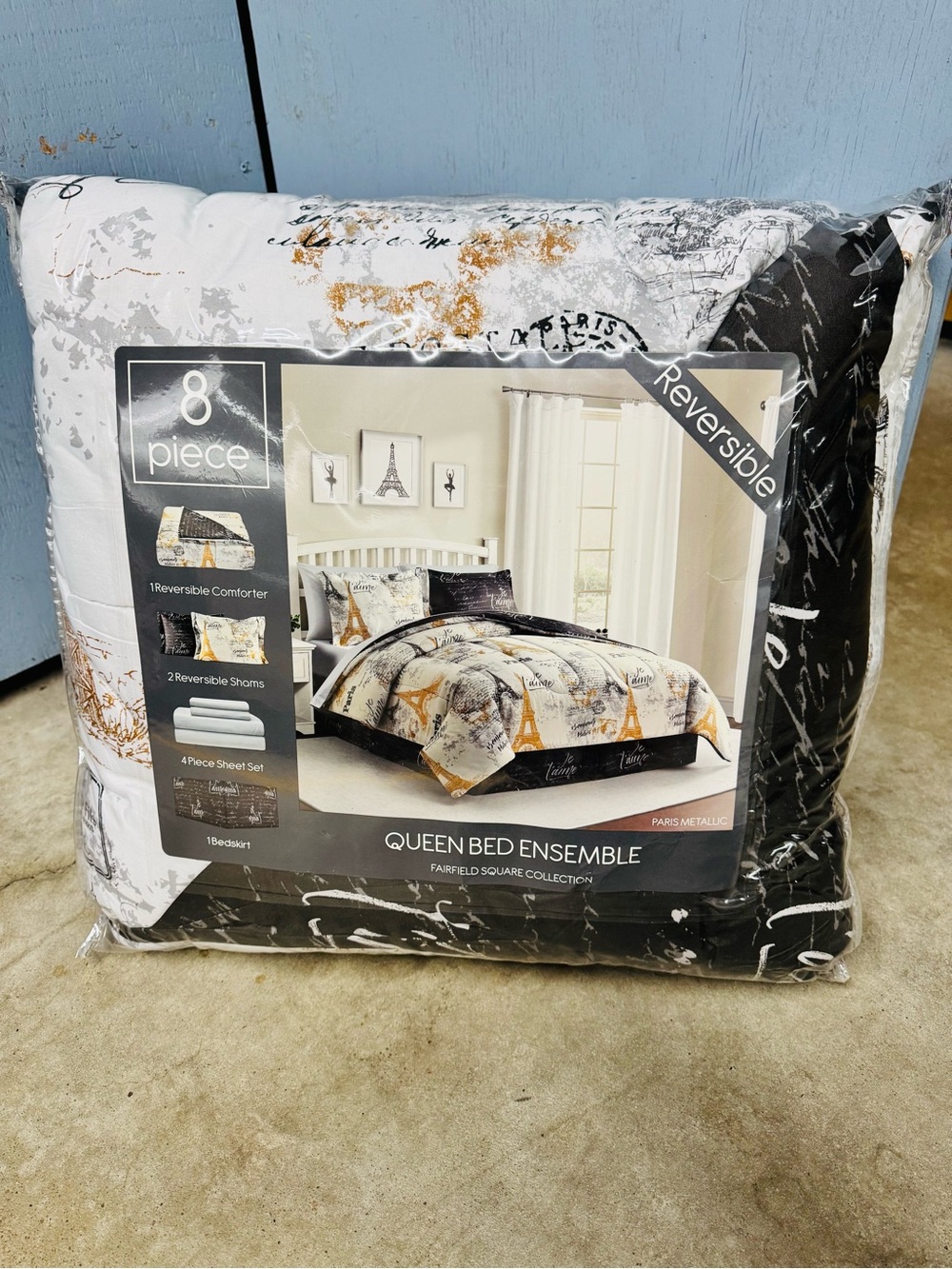 Reversible Paris-Themed Queen Comforter Set - White, Black, Gold